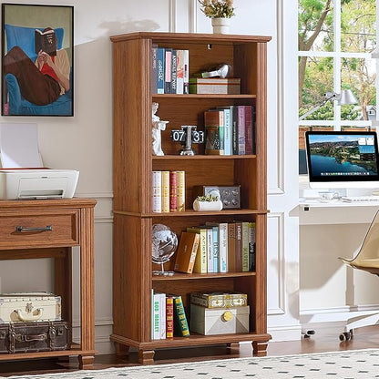 SAVOR LIFE 70" Tall Brown Bookshelf,5 Tier Wooden Book Shelf with Adjustable Shelves & Wood Legs,Free Standing Farmhouse Bookcase with Open Display Storage,Vintage Bookshelves for Classroom, 2PCS