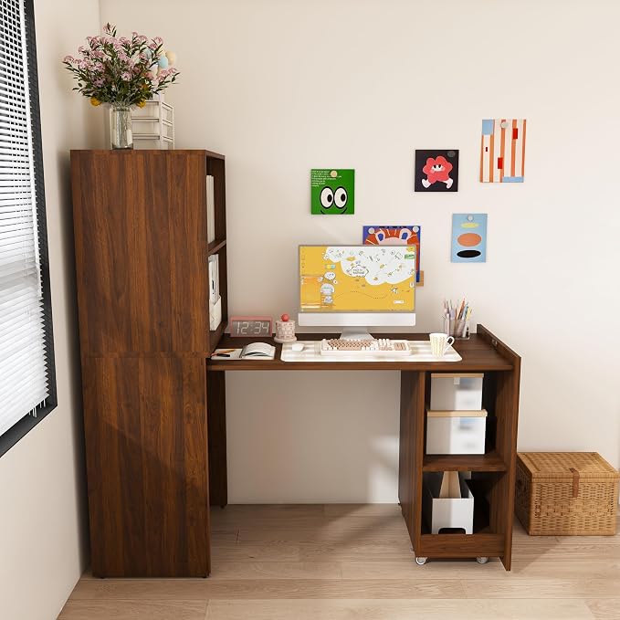 Foldable Wall Mounted Desk with Storage Shelves & Blackboard, Fold-Out Convertible Writing Table for Small Spaces | Space-Saving Floating Computer Desk for Home Office (Walnut)