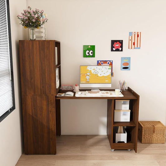 Foldable Wall Mounted Desk with Storage Shelves & Blackboard, Fold-Out Convertible Writing Table for Small Spaces | Space-Saving Floating Computer Desk for Home Office (Walnut)