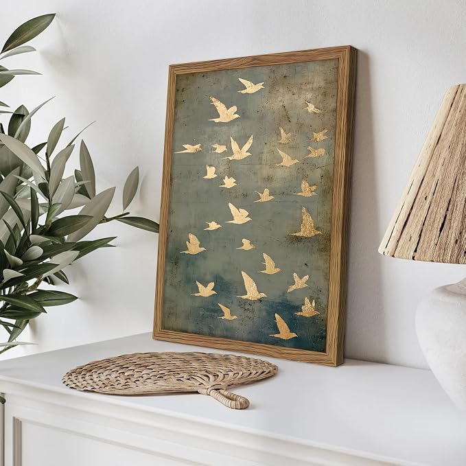 Framed Flock of Birds Canvas Wall Art, Vintage Minimalist Abstract Landscape Painting, Neutral Gold Birds Spiritual Wall Decor, Modern Aesthetic Pictures for Bedroom Living Room 12x16 inch