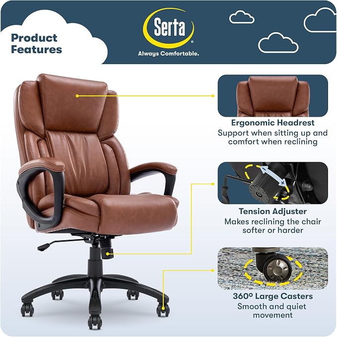 Serta Garret Executive Office Chair, Ergonomic Mid-Back with Lumbar Support, Semi-Plush Cushion and Body Pillows, Padded Armrests, Swivel Base, Bonded Leather, Cognac