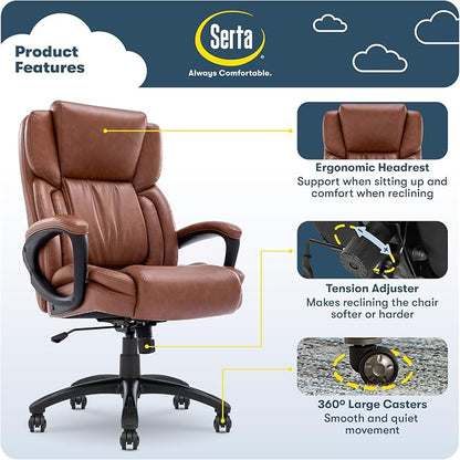 Serta Garret Executive Office Chair, Ergonomic Mid-Back with Lumbar Support, Semi-Plush Cushion and Body Pillows, Padded Armrests, Swivel Base, Bonded Leather, Cognac