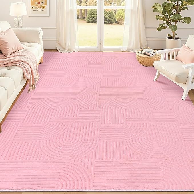 Pauwer Pink Area Rug for Girls Bedroom 8x10 Soft Fluffy Non Slip Machine Washable Rugs Arch Modern Indoor Mat Fuzzy Floor Carpet for Kids Nursery Living Room Dorm Playroom Dining Baby Home Decor