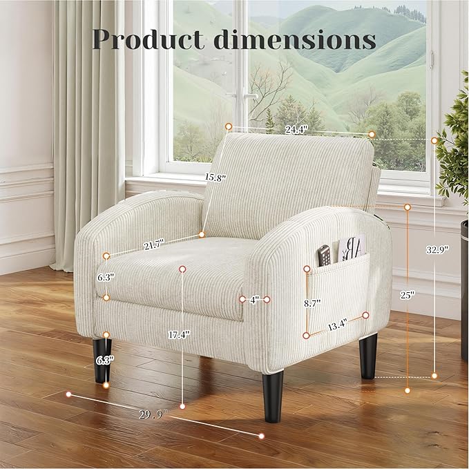 Homkdom Accent Chair for Living Room,Mid Century Modern Reading Chair with 2 Side Pockets,Upholstered Armchair for Apartment,Small Room,Beige