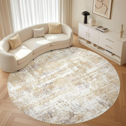 LOONGRUG Round Rug Living Room Rugs: 8Ft Washable Circle Large Abstract Modern Soft Stain Resistant Non Slip Indoor Floor Carpet for Bedroom Nursery Office Dining Room Dorm Home House Decor- Gray Gold