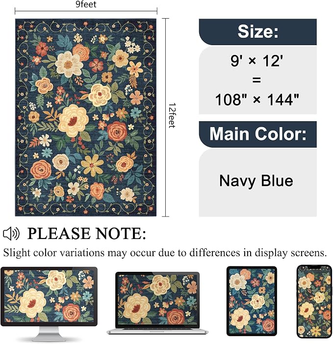 DUKINO 9x12 Area Rug, Floral Rugs for Living Room, Lightweight Non Slip Washable Rug, Indoor Low Pile & Non-Shedding Boho Design Rugs for Bedroom, Living Room, Dining Room, Dark Blue