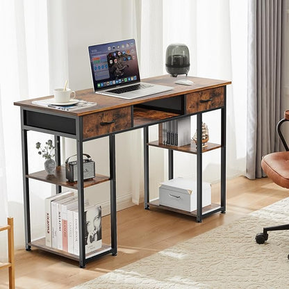 48" Small Gaming Desk with Drawers, Home Office Computer Writing Study Table with Storage Side Bag, Headphone Hook, and Adjustable Feet for Bedroom, Brown