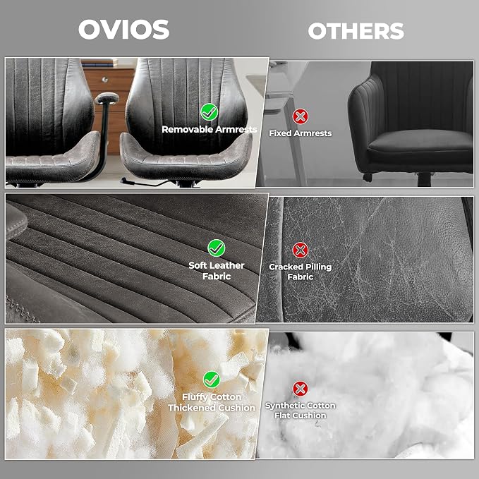 ovios Ergonomic Office Chair, High Back Faux Leather Executive Chairs with Armrests, Comfy Mid-Century Modern Swivel Rolling Computer Armchair (Dark Grey, Suede Leather)