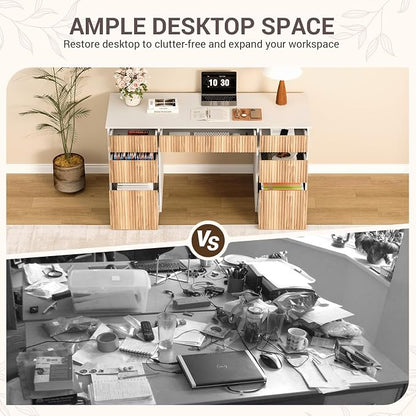 4 EVER WINNER 58 Inch White Desk with Drawers, Home Office Desks with 7 Storage Drawers, Executive Desk with File Cabinet for Bedroom Study Work Table Writing, White and Walnut