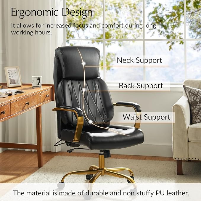 HULALA HOME Executive Office Chair with Adjustable Lumbar Support, Leather Ergonomic Office Chair with Padded Armrests, Tilt and High Back, White and Gold, Black