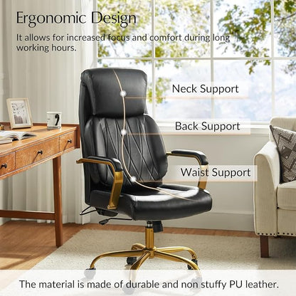 HULALA HOME Executive Office Chair with Adjustable Lumbar Support, Leather Ergonomic Office Chair with Padded Armrests, Tilt and High Back, White and Gold, Black