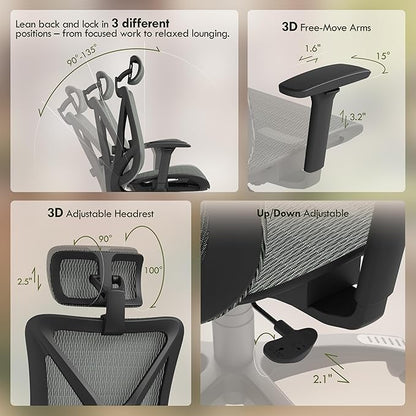 ELABEST T23 Ergonomic Mesh Office Chair, High Back Computer Desk Chair, Breathable AirMesh with Dual-Move Lumbar Support, 3D Armrests & Headrest, Tilt Lock, Big and Tall for Home Office((Eucalyptus)