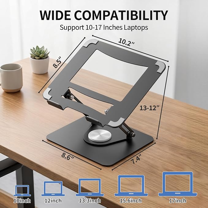 ALASHI Laptop Stand for Desk with 360 Rotating Base, Multi-Angle Adjustable Laptop Stands, Foldable Laptop Riser Compatible with 10 to 17 Inches PC Computer, Black