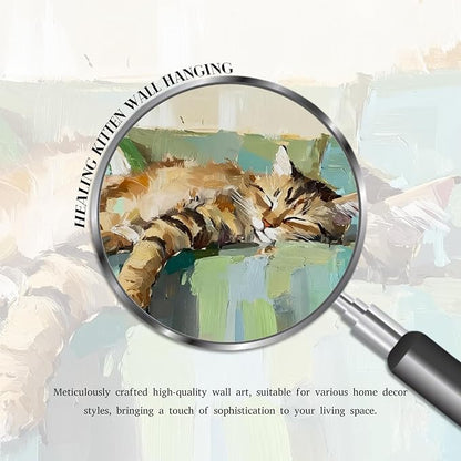 Vintage Abstract Cat Canvas Wall Art, Cute Tabby Cat Sleeping on Sofa Poster, Impressionist Oil Painting Style Picture Prints, Modern Funny Wall Decor for Living Room Bedroom Kids Room 16x24in Frame