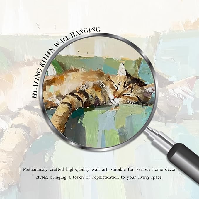 Vintage Abstract Cat Canvas Wall Art, Cute Tabby Cat Sleeping on Sofa Poster, Impressionist Oil Painting Style Picture Prints, Modern Funny Wall Decor for Living Room Bedroom Kids Room 12x16in Frame