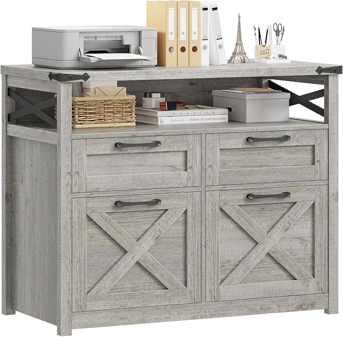 Vabches Farmhouse 4 Drawer File Cabinet with Open Storage Shelf, Lateral Filing Cabinet Fits Letter/A4/ Size, Home Office Filing Organizer, Document Storage Printer Stand for Office and Home. Grey