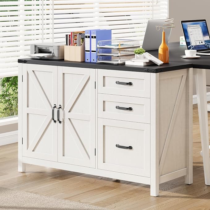 Farmhouse File Cabinet with Doors, Lateral Filing Cabinet with 3 Drawers for Letter/A4 Size Hanging Files, Large Wooden Storage Cabinet with Adjustable Shelves for Home Office, White and Black