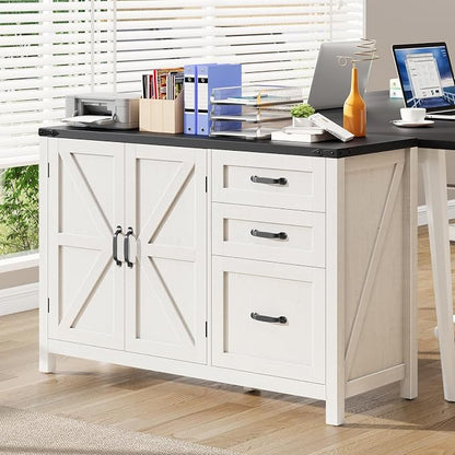 Farmhouse File Cabinet with Doors, Lateral Filing Cabinet with 3 Drawers for Letter/A4 Size Hanging Files, Large Wooden Storage Cabinet with Adjustable Shelves for Home Office, White and Black