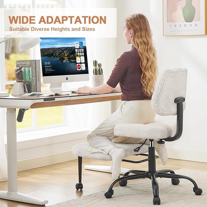 Ergonomic Cross Legged Office Chair for ADHD Adults, Criss Cross Desk Chair with Back Support, Swivel Meditation Chair with Wheels, Adjustable Height (White, Teddy Fabric)