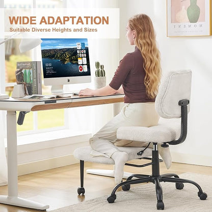 Ergonomic Cross Legged Office Chair for ADHD Adults, Criss Cross Desk Chair with Back Support, Swivel Meditation Chair with Wheels, Adjustable Height (White, Teddy Fabric)