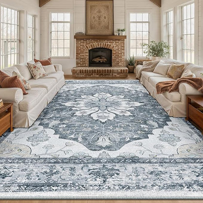 RELEANY Area Rugs Large 10'x14' Washable Non-Slip, Floral Vintage Distress Medallion Carpet for Living Room Bedroom Dining Room, Light Gray Grey White
