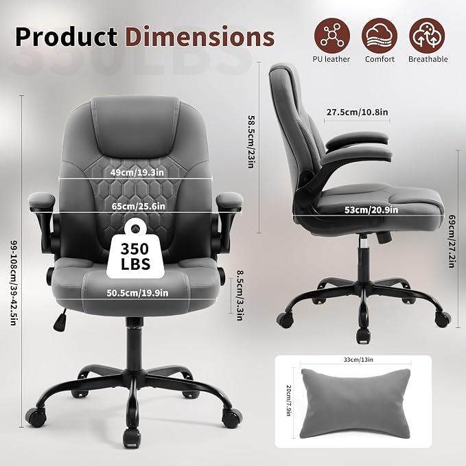 Executive Office Chair PU,Leather Office Chair with Wheels,360° Swivel Rolling Chair with Padded Arms,Ergonomic Computer Chair with Lumbar Support for Short People Use (Grey)