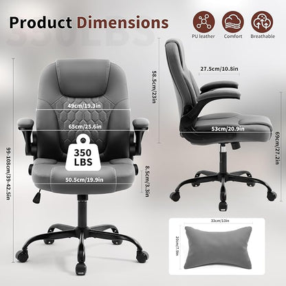 Executive Office Chair PU,Leather Office Chair with Wheels,360° Swivel Rolling Chair with Padded Arms,Ergonomic Computer Chair with Lumbar Support for Short People Use (Grey)