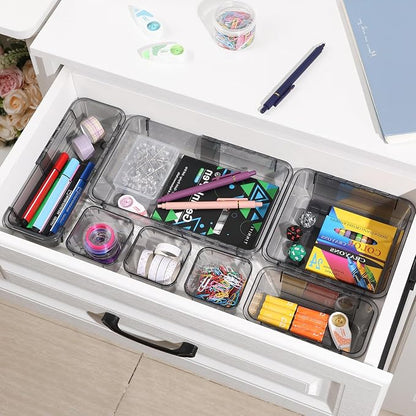 25 Pcs Clear Drawer Organizer, Adjustable Drawer Storage Box, 3-Size Desk Drawer Organizer, Acrylic Storage Bins for Makeup, Kitchen Utensils, Bedroom Dressers Tool Organizer for Gadgets, Black
