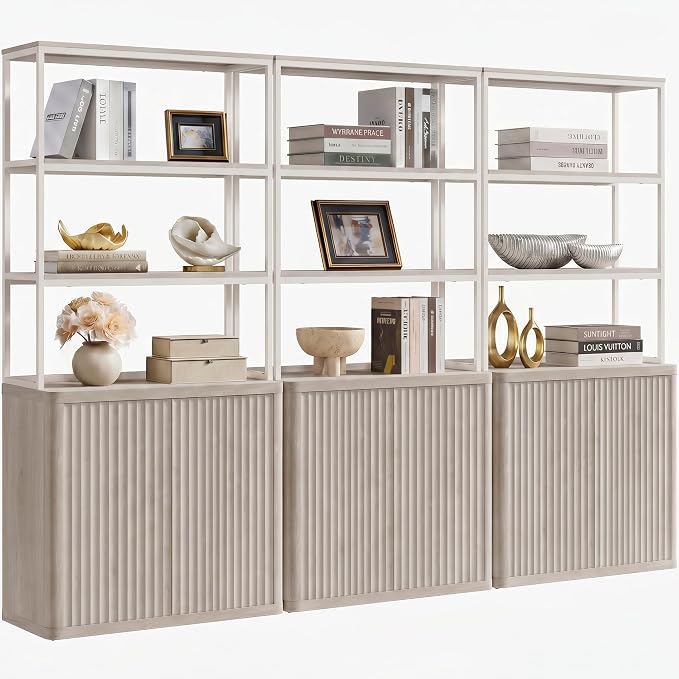 SICOTAS Book Shelf Fluted Bookshelf 71" Tall Bookcase with Doors Storage 5 Tier Mid Century Modern Bookshelves Large Shelves Metal Book Cases for Living Room Office Kitchen Library