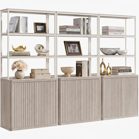 SICOTAS Book Shelf Fluted Bookshelf 71" Tall Bookcase with Doors Storage 5 Tier Mid Century Modern Bookshelves Large Shelves Metal Book Cases for Living Room Office Kitchen Library
