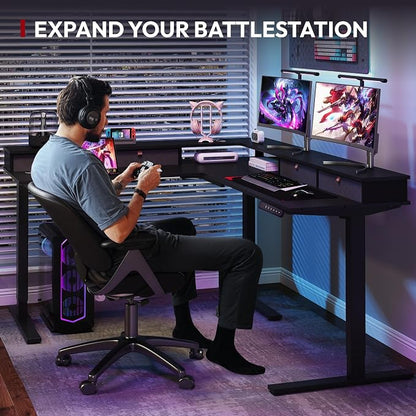 SANODESK 63" L Shaped Standing Desk with 3 Drawers, Height Adjustable Stand up Desk, Corner Gaming Desk with Monitor Stand, Black Frame/Black Top