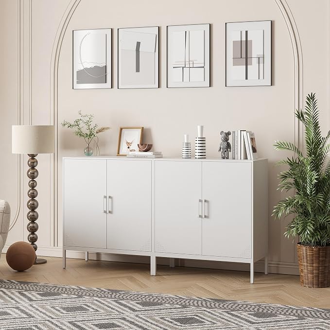 Steehoom Metal Storage Cabinet with Adjustable Shelves, Steel Buffet Sideboard for Entryway, Garage, Dining Room, Kitchen, Office, Bar (White, 31.5" D x 15.75" W x 35.43" H)