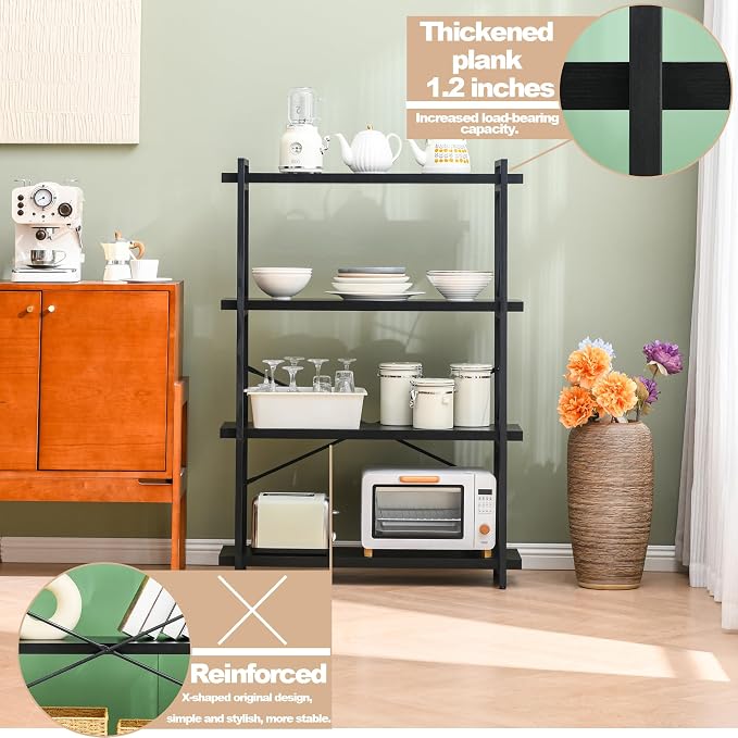 HCHQHS Bookshelf, 4-Tier Industrial Bookcase, Black Open Book Shelf, Freestanding Tall Bookshelves with Metal Frame