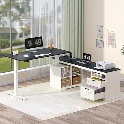 YOMILUVE Farmhouse L Shaped Standing Desk, 66 inch Corner Electric Standing Desk with Drawers ＆ Storage Shelves, Height Adjustable Computer Desk with Power Outlets for Home Office (Black and White)