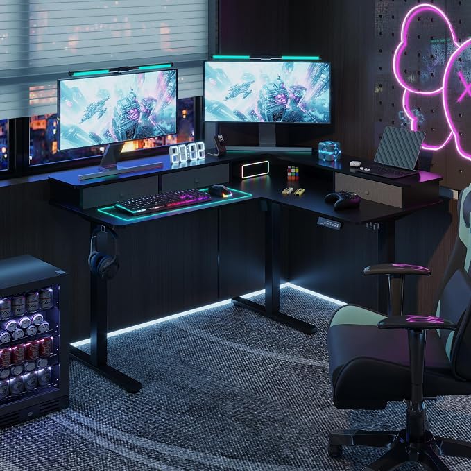 SANODESK 71" L Shaped Standing Desk with 4 Drawers, Height Adjustable Stand up Desk, Corner Gaming Desk with Monitor Stand, Black Frame/Black Top