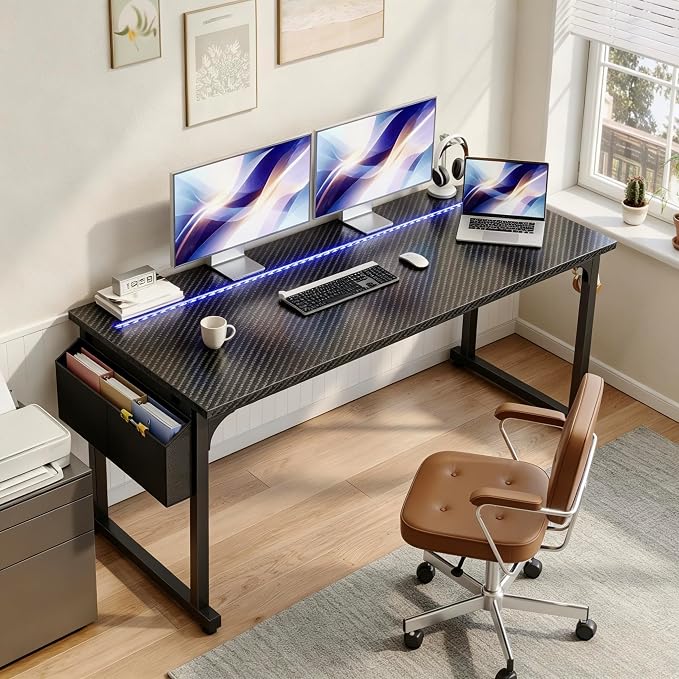 DurayLoly 55” Carbon Fiber Gaming Desk, IP65 RGB LED Computer Desk with Side Storage Bag & Headphone Hook, Sturdy Metal Frame Space Saving Home Office Desk for Teens Bedroom Dorm Study Gaming Room