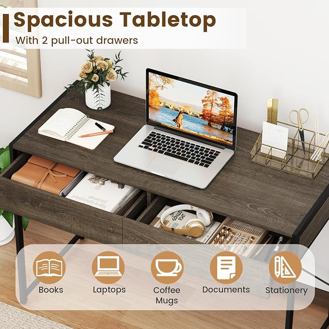 GOFLAME 44 Inch Computer Desk with 2 Drawers, Home Office Desk with Metal Frame, Small Study Writing Workstation with Storage, PC Laptop Table for Living Room, Bedroom, Study, Grey