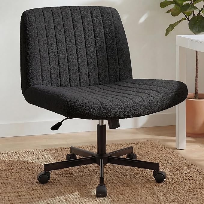 Orange Factory Criss Cross Chair Wheels Vanity Chair Office Desk Comfy Wide Cross Legged Armless Teddy Fabric Adjustable Swivel for Home Computer Task (Black, Teddy Fleece)