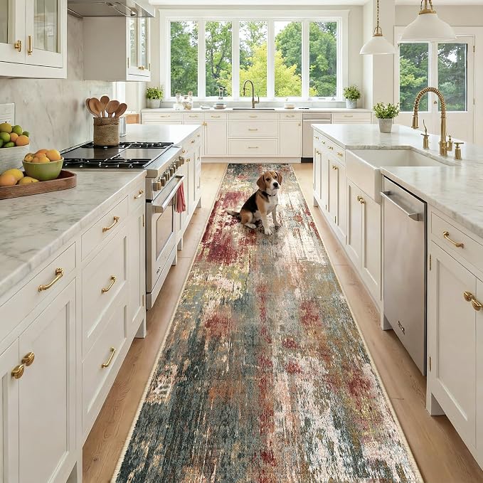 RELEANY Washable Area Rugs 2'6"x14 Non-Slip Modern Abstract Soft for Living Room Entryway Bedroom Kitchen, Print Pattern, Brown Rust Red Green Blue Multi