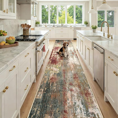 RELEANY Washable Area Rugs 2'6"x14 Non-Slip Modern Abstract Soft for Living Room Entryway Bedroom Kitchen, Print Pattern, Brown Rust Red Green Blue Multi