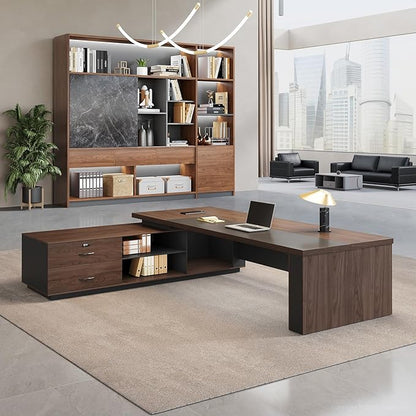 95" Reversible L-Shaped Executive Desk with Locking Drawers, Large Office Desk for CEO and Manager Office, Power Outlet, USB Ports, Storage Shelves, Privacy Panel and LED Light, Walnut Gray