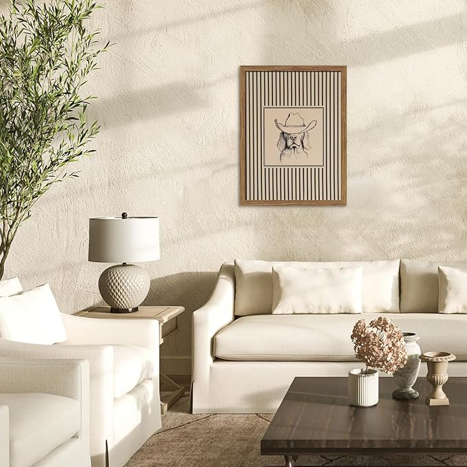 Western Cowboy Dog Wall Art - Framed Canvas Wall Decor for Living Room, Bedroom & Nursery, Vintage Animal Sketch in Wood Frame, Cute Dog with Hat Picture, Farmhouse Style 16x24 Inch