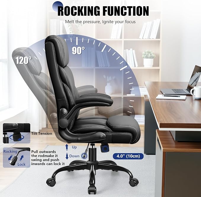 Primy Office Chair, Ergonomic Leather Desk Chair with Flip-up Armrests, Big and Tall High Back Executive Computer & Gaming Chair with Footrest, Comfy Padded, Rocking Function and Lumbar Support(Black)