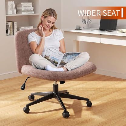 Criss Cross Chair with Wheels, Cross Legged Office Chair, Armless Office Chairs Adjustable Height Swivel Tilting Fabric Vanity Chairs for Home Bedroom (Pink)