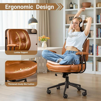 Ergonomic Home Office Chair, Mid-Century PU Leather Home Office Desk Chairs with Wheels, Office Computer Chair with Rocking Swivel (Brown,PU Leather)