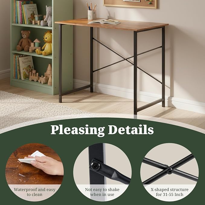 Computer Desk 32 Inch, Simple Home Office Desk Study Writing Table, Sturdy Metal Frame, Scratch-Resistant MDF Desktop for Bedroom Dorm Workspace Small Space, Brown