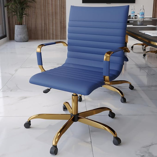 LeisureMod Harris Modern Ergonomic Executive Office Chair, High-Back Leather Conference Desk Chair with Adjustable Height, Tilt Control, 360° Swivel & Gold Frame for Home Office