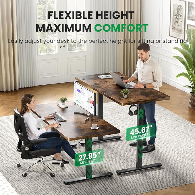 Electric Standing Desk Adjustable - 60x28 Inch Sit Stand Desk with 1 Inch Thick Tabletop, Double Beam Frame, 3 Memory Height Adjustment, Cable Management for Home Office