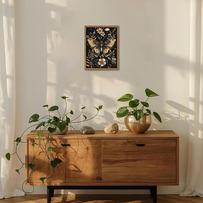 Vintage Moth Canvas Wall Art, Dark Academia Gothic Decor, Insect Botanical Painting, Enchanted Moth Flowers Picture Print, Nature Wall Decor for Living Room Bedroom 12x16 inch Wood Framed