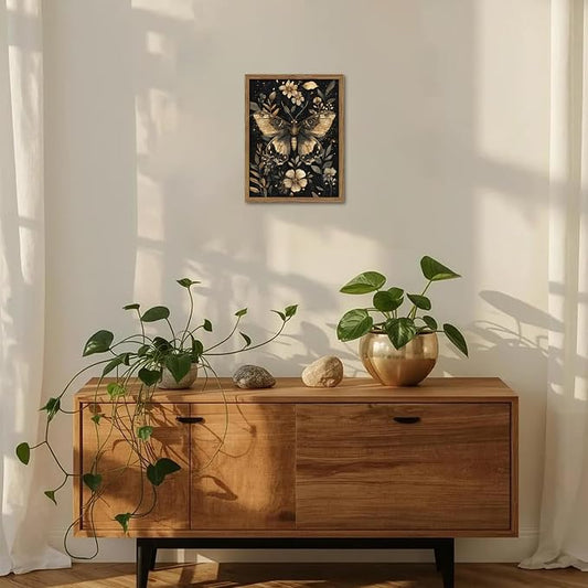 Vintage Moth Canvas Wall Art, Dark Academia Gothic Decor, Insect Botanical Painting, Enchanted Moth Flowers Picture Print, Nature Wall Decor for Living Room Bedroom 12x16 inch Wood Framed